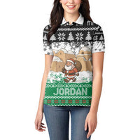 Jordan Christmas Women Polo Shirt with Santa Snow Village Green and Black Snowflake Tree Pattern - Wonder Print Shop