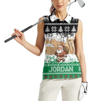 Jordan Christmas Women Sleeveless Polo Shirt with Santa Snow Village Green and Black Snowflake Tree Pattern - Wonder Print Shop