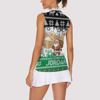 Jordan Christmas Women Sleeveless Polo Shirt with Santa Snow Village Green and Black Snowflake Tree Pattern - Wonder Print Shop