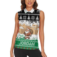 Jordan Christmas Women Sleeveless Polo Shirt with Santa Snow Village Green and Black Snowflake Tree Pattern - Wonder Print Shop