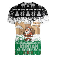 Jordan Christmas Women V-Neck T-Shirt with Santa Snow Village Green and Black Snowflake Tree Pattern - Wonder Print Shop