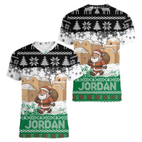 Jordan Christmas Women V-Neck T-Shirt with Santa Snow Village Green and Black Snowflake Tree Pattern - Wonder Print Shop