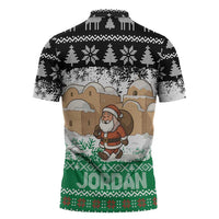 Jordan Christmas Zipper Polo Shirt with Santa Snow Village Green and Black Snowflake Tree Pattern - Wonder Print Shop