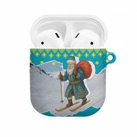 Kazakhstan Christmas AirPods Case with Santa Skiing in Traditional Outfit Snow Mountain and Sun Pattern - Wonder Print Shop