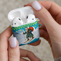 Kazakhstan Christmas AirPods Case with Santa Skiing in Traditional Outfit Snow Mountain and Sun Pattern - Wonder Print Shop
