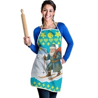 Kazakhstan Christmas Apron with Santa Skiing in Traditional Outfit Snow Mountain and Sun Pattern - Wonder Print Shop