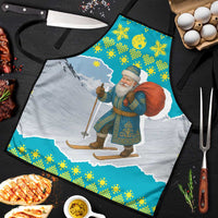Kazakhstan Christmas Apron with Santa Skiing in Traditional Outfit Snow Mountain and Sun Pattern - Wonder Print Shop