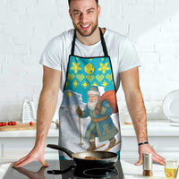 Kazakhstan Christmas Apron with Santa Skiing in Traditional Outfit Snow Mountain and Sun Pattern - Wonder Print Shop
