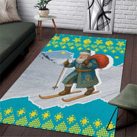 Kazakhstan Christmas Area Rug with Santa Skiing in Traditional Outfit Snow Mountain and Sun Pattern - Wonder Print Shop