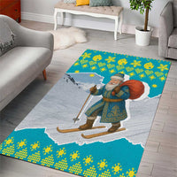 Kazakhstan Christmas Area Rug with Santa Skiing in Traditional Outfit Snow Mountain and Sun Pattern - Wonder Print Shop