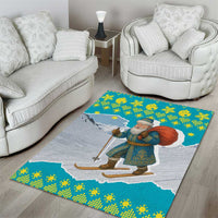 Kazakhstan Christmas Area Rug with Santa Skiing in Traditional Outfit Snow Mountain and Sun Pattern - Wonder Print Shop