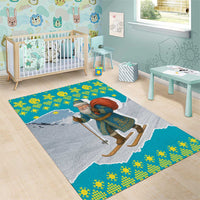 Kazakhstan Christmas Area Rug with Santa Skiing in Traditional Outfit Snow Mountain and Sun Pattern - Wonder Print Shop