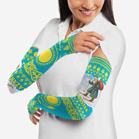 Kazakhstan Christmas Arm Sleeves with Santa Skiing in Traditional Outfit Snow Mountain and Sun Pattern - Wonder Print Shop