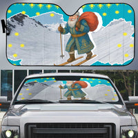Kazakhstan Christmas Auto Sun Shade with Santa Skiing in Traditional Outfit Snow Mountain and Sun Pattern - Wonder Print Shop