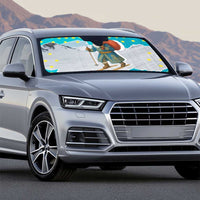 Kazakhstan Christmas Auto Sun Shade with Santa Skiing in Traditional Outfit Snow Mountain and Sun Pattern - Wonder Print Shop