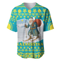 Kazakhstan Christmas Baseball Jersey with Santa Skiing in Traditional Outfit Snow Mountain and Sun Pattern - Wonder Print Shop