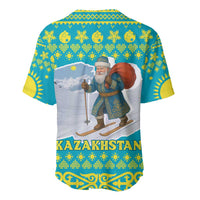 Kazakhstan Christmas Baseball Jersey with Santa Skiing in Traditional Outfit Snow Mountain and Sun Pattern - Wonder Print Shop