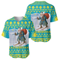 Kazakhstan Christmas Baseball Jersey with Santa Skiing in Traditional Outfit Snow Mountain and Sun Pattern - Wonder Print Shop