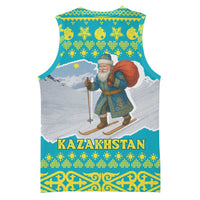 Kazakhstan Christmas Basketball Jersey with Santa Skiing in Traditional Outfit Snow Mountain and Sun Pattern - Wonder Print Shop