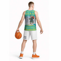 Kazakhstan Christmas Basketball Jersey with Santa Skiing in Traditional Outfit Snow Mountain and Sun Pattern - Wonder Print Shop