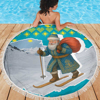 Kazakhstan Christmas Beach Blanket with Santa Skiing in Traditional Outfit Snow Mountain and Sun Pattern - Wonder Print Shop