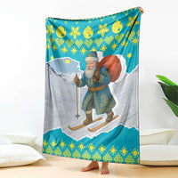 Kazakhstan Christmas Blanket with Santa Skiing in Traditional Outfit Snow Mountain and Sun Pattern - Wonder Print Shop