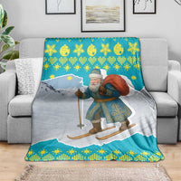 Kazakhstan Christmas Blanket with Santa Skiing in Traditional Outfit Snow Mountain and Sun Pattern - Wonder Print Shop