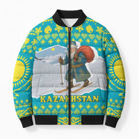 Kazakhstan Christmas Bomber Puffer Jacket with Santa Skiing in Traditional Outfit Snow Mountain and Sun Pattern - Wonder Print Shop