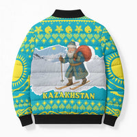 Kazakhstan Christmas Bomber Puffer Jacket with Santa Skiing in Traditional Outfit Snow Mountain and Sun Pattern - Wonder Print Shop