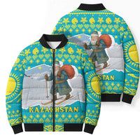 Kazakhstan Christmas Bomber Puffer Jacket with Santa Skiing in Traditional Outfit Snow Mountain and Sun Pattern - Wonder Print Shop