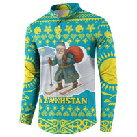 Kazakhstan Christmas Button Sweatshirt with Santa Skiing in Traditional Outfit Snow Mountain and Sun Pattern - Wonder Print Shop
