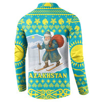 Kazakhstan Christmas Button Sweatshirt with Santa Skiing in Traditional Outfit Snow Mountain and Sun Pattern - Wonder Print Shop