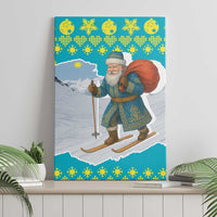 Kazakhstan Christmas Canvas Wall Art with Santa Skiing in Traditional Outfit Snow Mountain and Sun Pattern - Wonder Print Shop