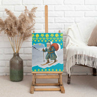 Kazakhstan Christmas Canvas Wall Art with Santa Skiing in Traditional Outfit Snow Mountain and Sun Pattern - Wonder Print Shop