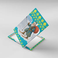 Kazakhstan Christmas Canvas Wall Art with Santa Skiing in Traditional Outfit Snow Mountain and Sun Pattern - Wonder Print Shop