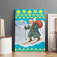 Kazakhstan Christmas Canvas Wall Art with Santa Skiing in Traditional Outfit Snow Mountain and Sun Pattern - Wonder Print Shop