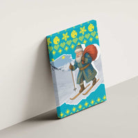 Kazakhstan Christmas Canvas Wall Art with Santa Skiing in Traditional Outfit Snow Mountain and Sun Pattern - Wonder Print Shop