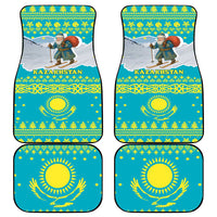 Kazakhstan Christmas Car Mats with Santa Skiing in Traditional Outfit Snow Mountain and Sun Pattern - Wonder Print Shop