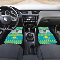 Kazakhstan Christmas Car Mats with Santa Skiing in Traditional Outfit Snow Mountain and Sun Pattern - Wonder Print Shop