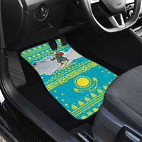 Kazakhstan Christmas Car Mats with Santa Skiing in Traditional Outfit Snow Mountain and Sun Pattern - Wonder Print Shop