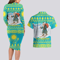 Kazakhstan Christmas Couples Matching Long Sleeve Bodycon Dress and Hawaiian Shirt with Santa Skiing in Traditional Outfit Snow Mountain and Sun Pattern - Wonder Print Shop