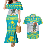 Kazakhstan Christmas Couples Matching Mermaid Dress and Hawaiian Shirt with Santa Skiing in Traditional Outfit Snow Mountain and Sun Pattern - Wonder Print Shop