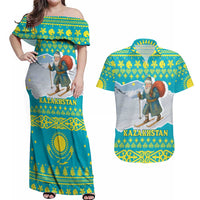 Kazakhstan Christmas Couples Matching Off Shoulder Maxi Dress and Hawaiian Shirt with Santa Skiing in Traditional Outfit Snow Mountain and Sun Pattern - Wonder Print Shop