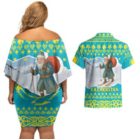 Kazakhstan Christmas Couples Matching Off Shoulder Short Dress and Hawaiian Shirt with Santa Skiing in Traditional Outfit Snow Mountain and Sun Pattern - Wonder Print Shop