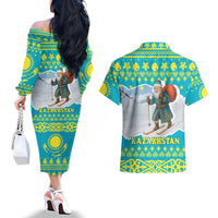 Kazakhstan Christmas Couples Matching Off The Shoulder Long Sleeve Dress and Hawaiian Shirt with Santa Skiing in Traditional Outfit Snow Mountain and Sun Pattern - Wonder Print Shop