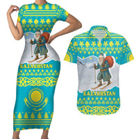 Kazakhstan Christmas Couples Matching Short Sleeve Bodycon Dress and Hawaiian Shirt with Santa Skiing in Traditional Outfit Snow Mountain and Sun Pattern - Wonder Print Shop