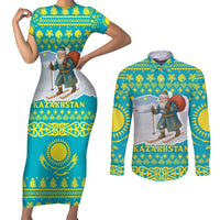 Kazakhstan Christmas Couples Matching Short Sleeve Bodycon Dress and Long Sleeve Button Shirt with Santa Skiing in Traditional Outfit Snow Mountain and Sun Pattern - Wonder Print Shop