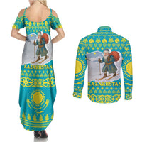 Kazakhstan Christmas Couples Matching Summer Maxi Dress and Long Sleeve Button Shirt with Santa Skiing in Traditional Outfit Snow Mountain and Sun Pattern - Wonder Print Shop