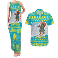 Kazakhstan Christmas Couples Matching Tank Maxi Dress and Hawaiian Shirt with Santa Skiing in Traditional Outfit Snow Mountain and Sun Pattern - Wonder Print Shop