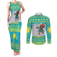 Kazakhstan Christmas Couples Matching Tank Maxi Dress and Long Sleeve Button Shirt with Santa Skiing in Traditional Outfit Snow Mountain and Sun Pattern - Wonder Print Shop